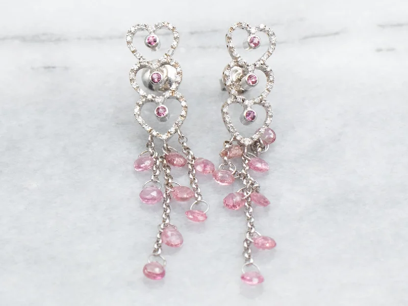 Best hoop earrings with geometric pendants for a modern, chic appeal-White Gold Pink Tourmaline and Diamond Triple Heart Stud Dangle Earrings