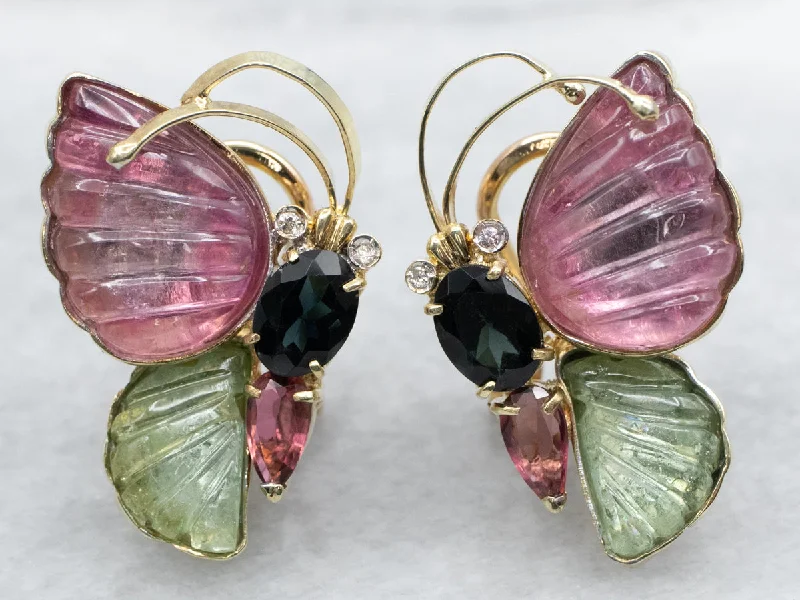 Hoop earrings with dangling charms for a playful and fun look-Multi Colored Tourmaline and Diamond Butterfly Earrings